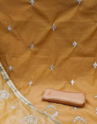 mustard chanderi embroidered dress material 4