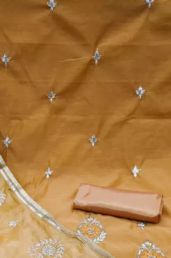 mustard chanderi embroidered dress material