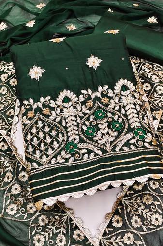green chanderi embroidered dress material