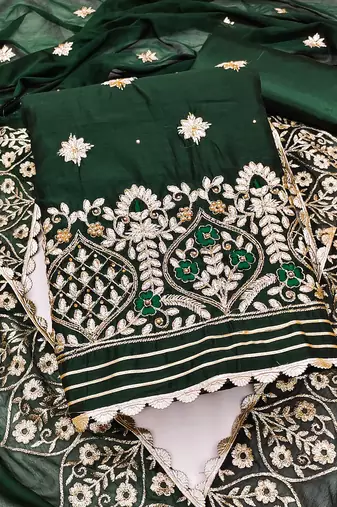 green chanderi embroidered dress material