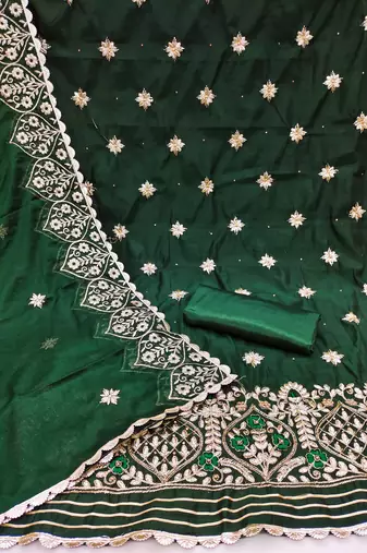 green chanderi embroidered dress material