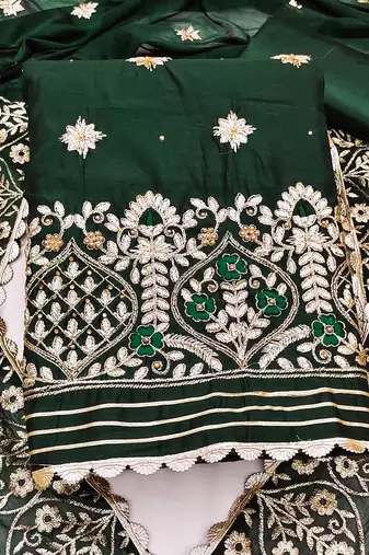 green chanderi embroidered dress material
