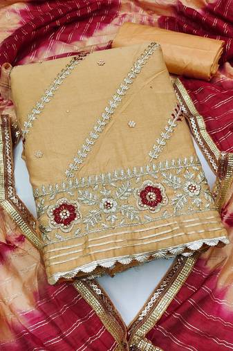 mustard chanderi embroidered dress material