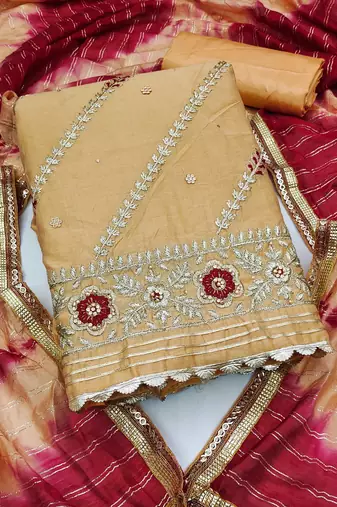 mustard chanderi embroidered dress material