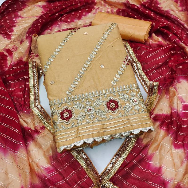 mustard chanderi embroidered dress material