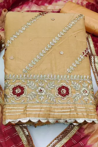 mustard chanderi embroidered dress material