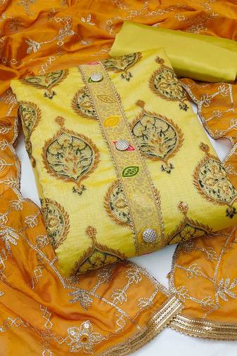 mustard chanderi embroidered dress material