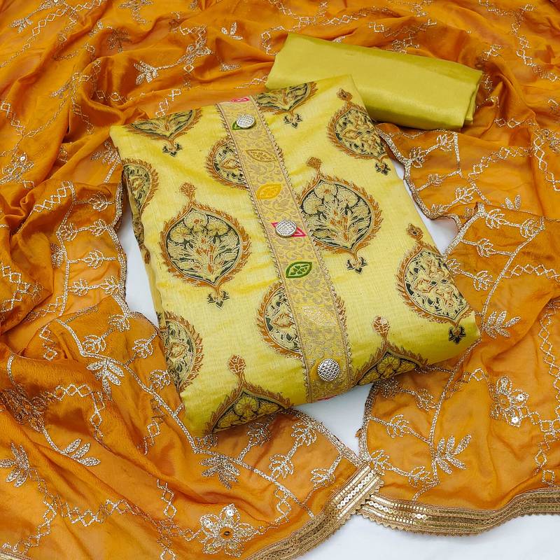 mustard chanderi embroidered dress material