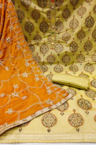 mustard chanderi embroidered dress material
