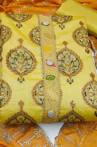 mustard chanderi embroidered dress material