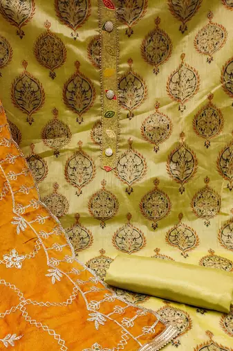 mustard chanderi embroidered dress material