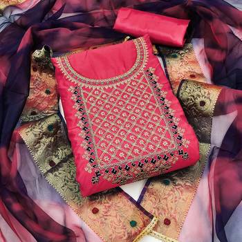 pink chanderi embroidered dress material 1