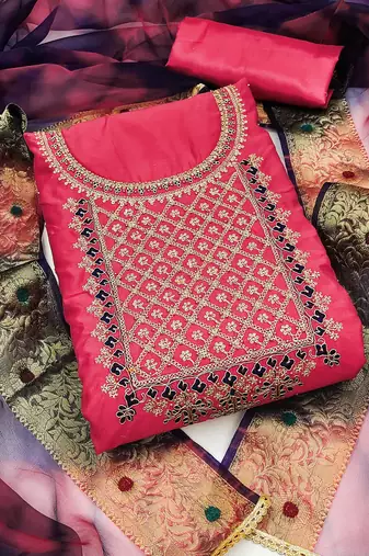 pink chanderi embroidered dress material