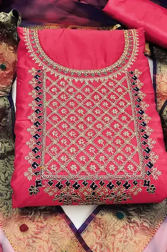 pink chanderi embroidered dress material