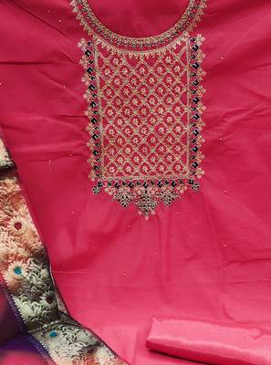pink chanderi embroidered dress material 4