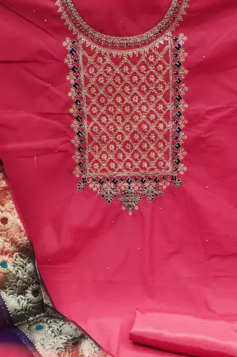 pink chanderi embroidered dress material