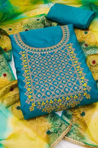 blue chanderi embroidered dress material