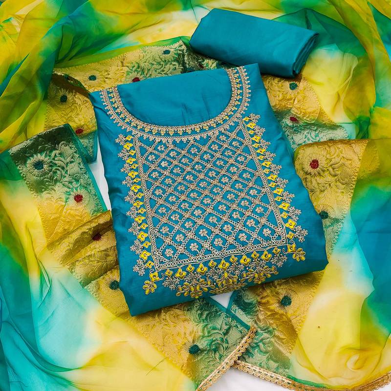 blue chanderi embroidered dress material