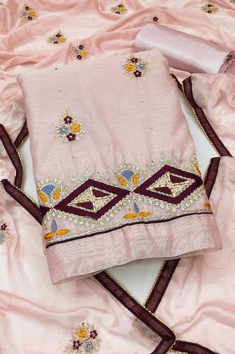 baby pink chanderi embroidered dress material