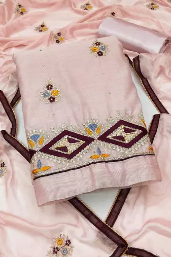 baby pink chanderi embroidered dress material