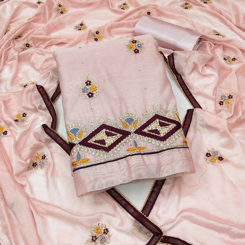 baby pink chanderi embroidered dress material