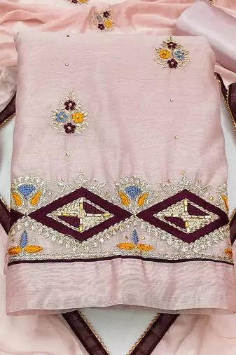 baby pink chanderi embroidered dress material
