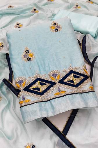 light sea green chanderi embroidered dress material