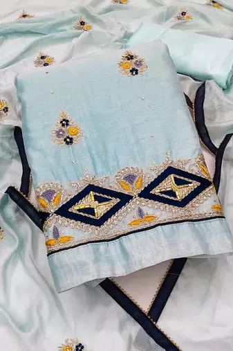 light sea green chanderi embroidered dress material