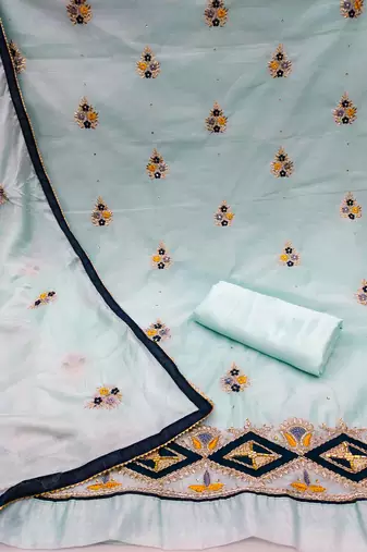 light sea green chanderi embroidered dress material