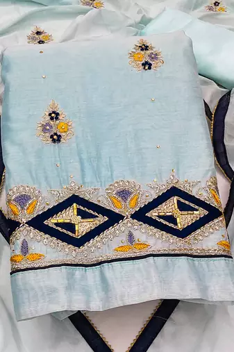 light sea green chanderi embroidered dress material