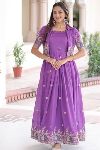 Purple Vichitra Silk Embroidered Gown & Koti