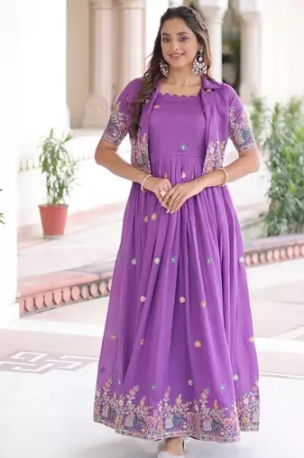 Purple Vichitra Silk Embroidered Gown & Koti