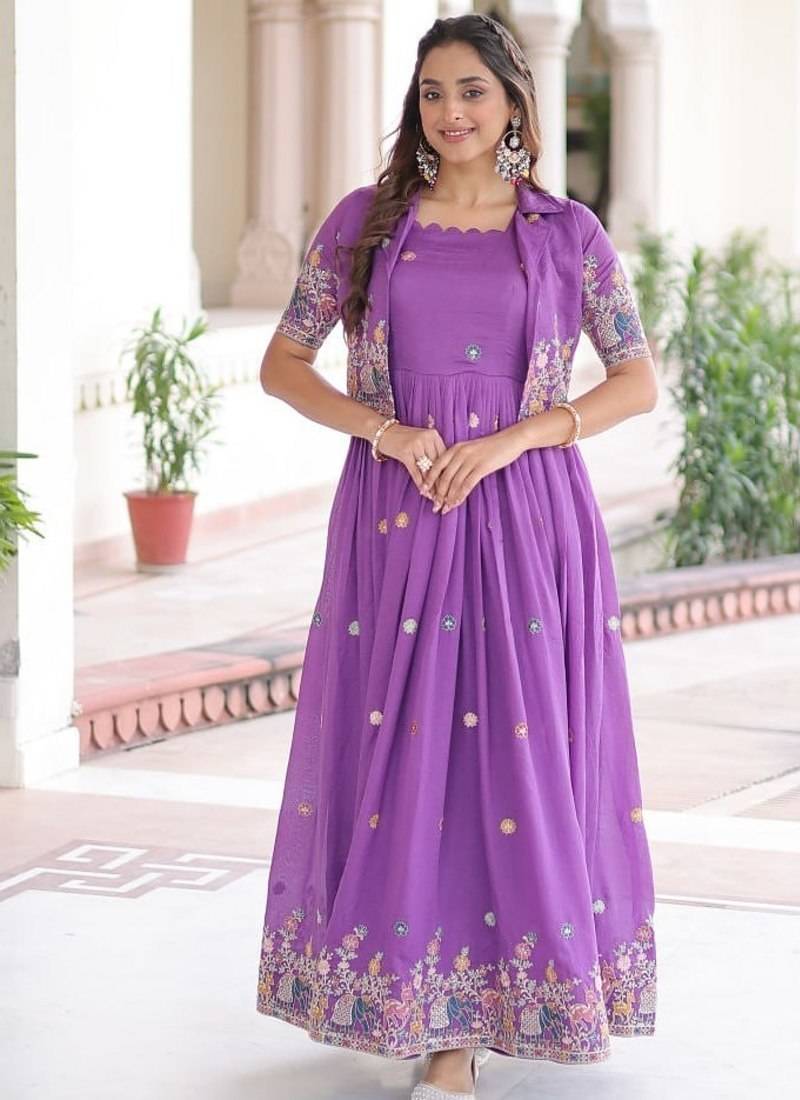 Purple Vichitra Silk Embroidered Gown & Koti