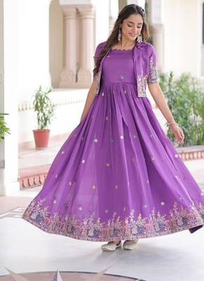 Purple Vichitra Silk Embroidered Gown & Koti 2