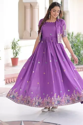 Purple Vichitra Silk Embroidered Gown & Koti