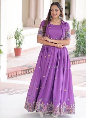 Purple Vichitra Silk Embroidered Gown & Koti 3