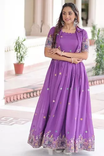 Purple Vichitra Silk Embroidered Gown & Koti