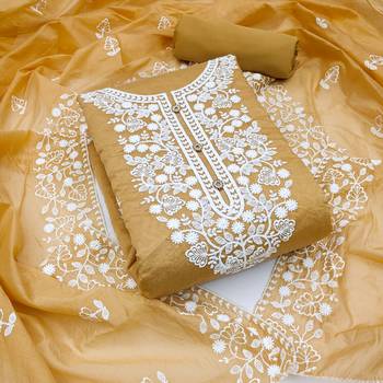 beige cotton embroidered dress material 1