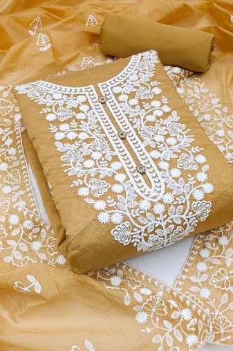 beige cotton embroidered dress material
