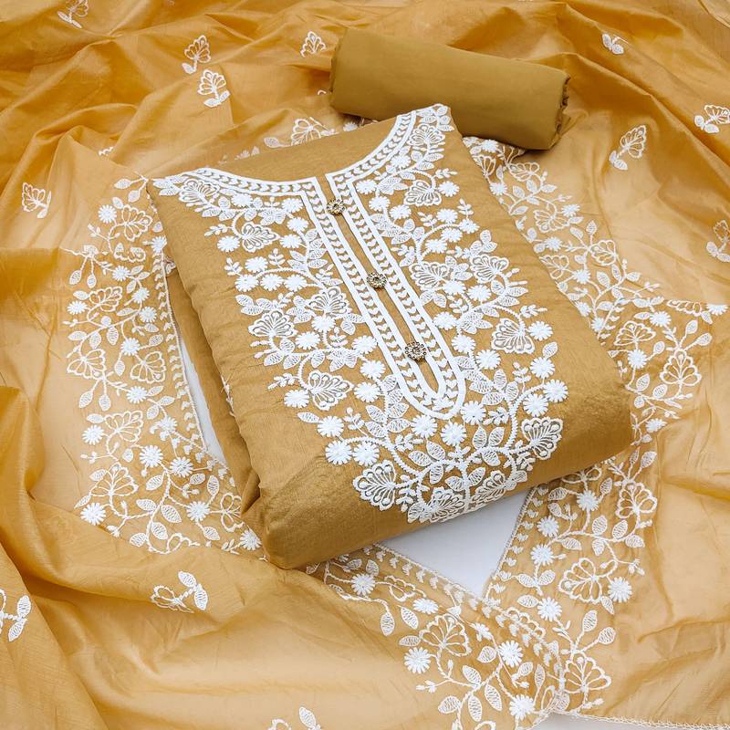 beige cotton embroidered dress material