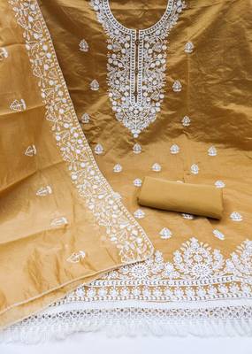 beige cotton embroidered dress material 2