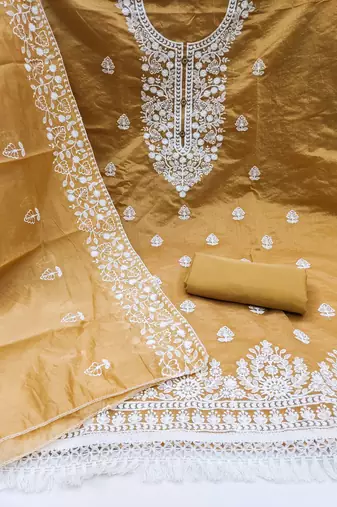 beige cotton embroidered dress material