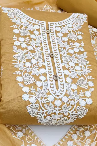 beige cotton embroidered dress material