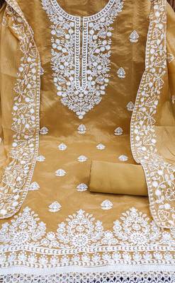 beige cotton embroidered dress material 4