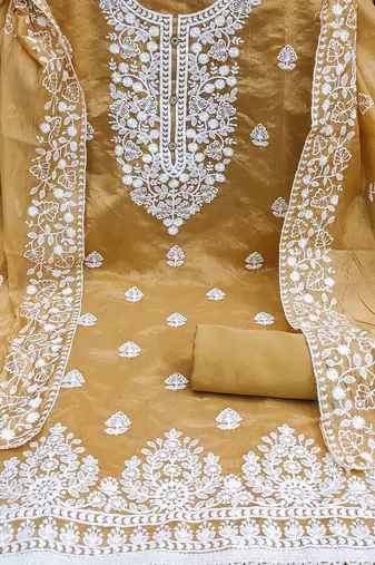 beige cotton embroidered dress material