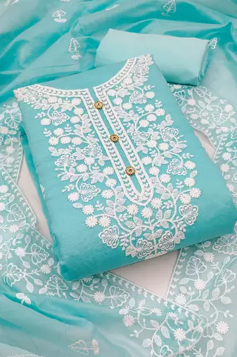 sky blue cotton embroidered dress material