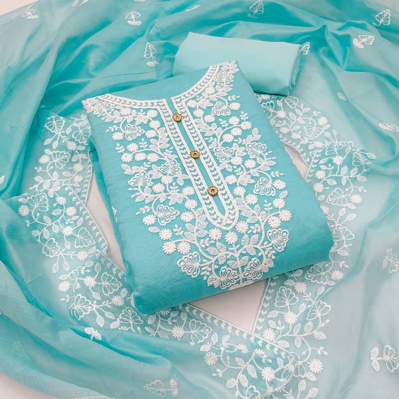 sky blue cotton embroidered dress material