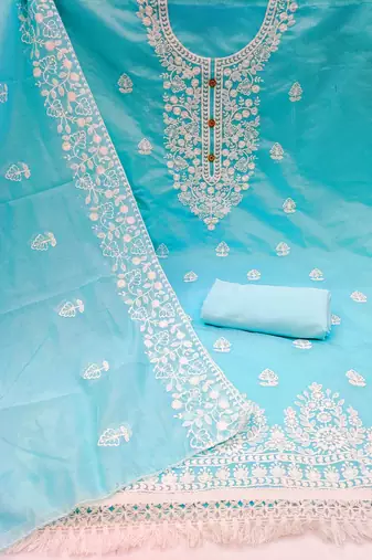 sky blue cotton embroidered dress material
