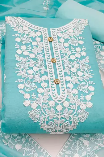 sky blue cotton embroidered dress material