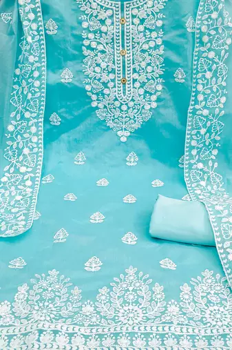 sky blue cotton embroidered dress material